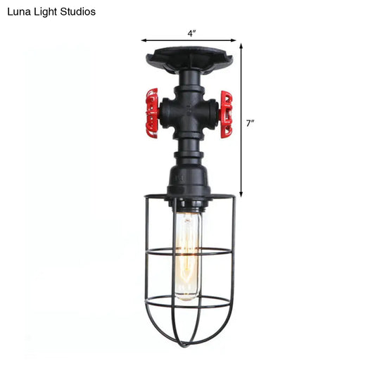 Valve Nautical Style Cage Metal Semi Flush Light - 1 Living Room Ceiling Fixture In Black/Bronze