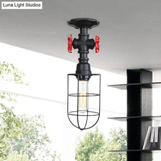 Valve Nautical Style Cage Metal Semi Flush Light - 1 Living Room Ceiling Fixture In Black/Bronze