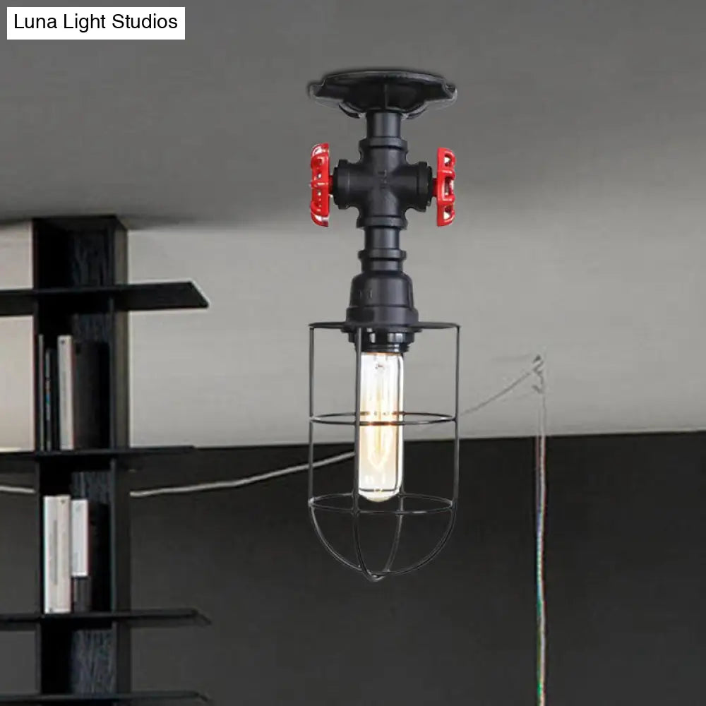 Valve Nautical Style Cage Metal Semi Flush Light - 1 Living Room Ceiling Fixture In Black/Bronze