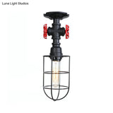 Valve Nautical Style Cage Metal Semi Flush Light - 1 Living Room Ceiling Fixture In Black/Bronze