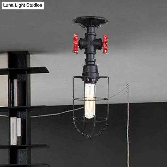Valve Nautical Style Cage Metal Semi Flush Light - 1 Living Room Ceiling Fixture In Black/Bronze
