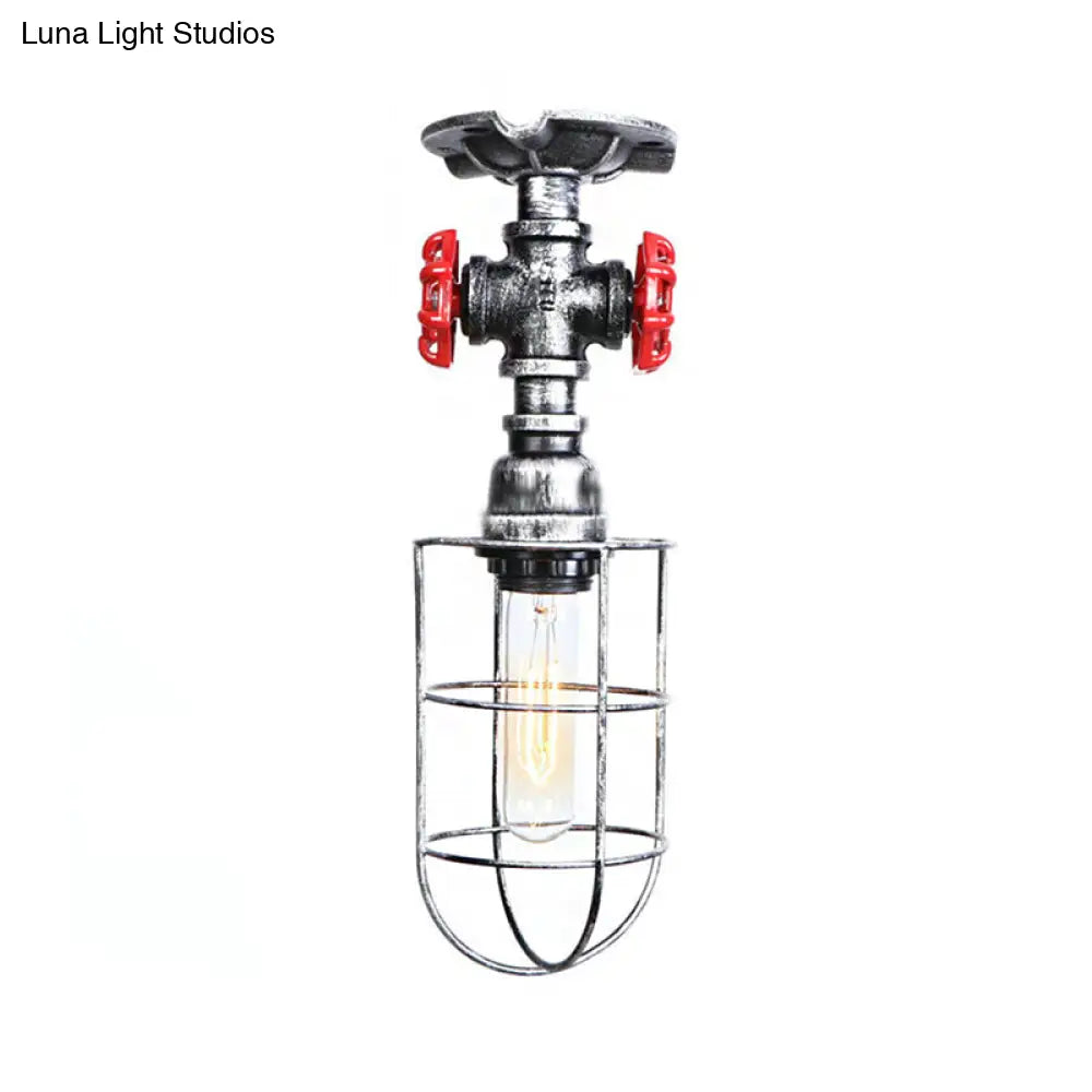 Valve Nautical Style Cage Metal Semi Flush Light - 1 Living Room Ceiling Fixture In Black/Bronze