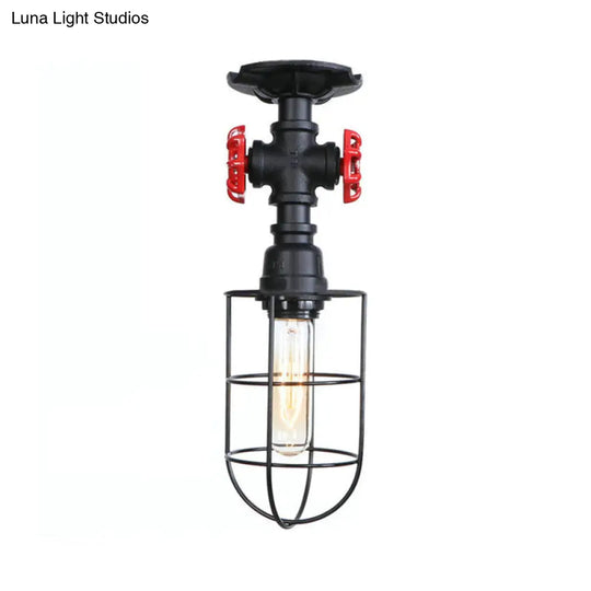 Valve Nautical Style Cage Metal Semi Flush Light - 1 Living Room Ceiling Fixture In Black/Bronze