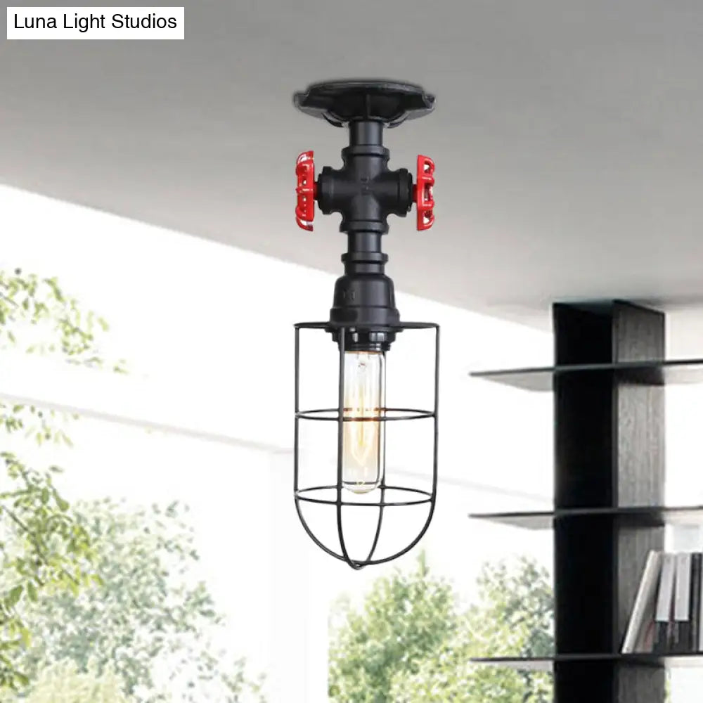 Valve Nautical Style Cage Metal Semi Flush Light - 1 Living Room Ceiling Fixture In Black/Bronze