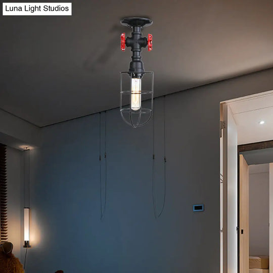 Valve Nautical Style Cage Metal Semi Flush Light - 1 Living Room Ceiling Fixture In Black/Bronze