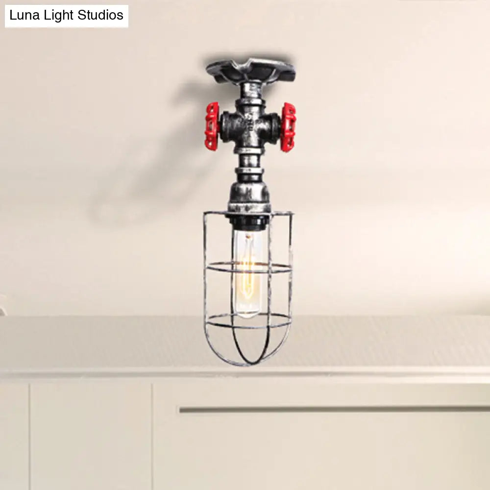 Valve Nautical Style Cage Metal Semi Flush Light - 1 Living Room Ceiling Fixture In Black/Bronze
