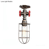Valve Nautical Style Cage Metal Semi Flush Light - 1 Living Room Ceiling Fixture In Black/Bronze