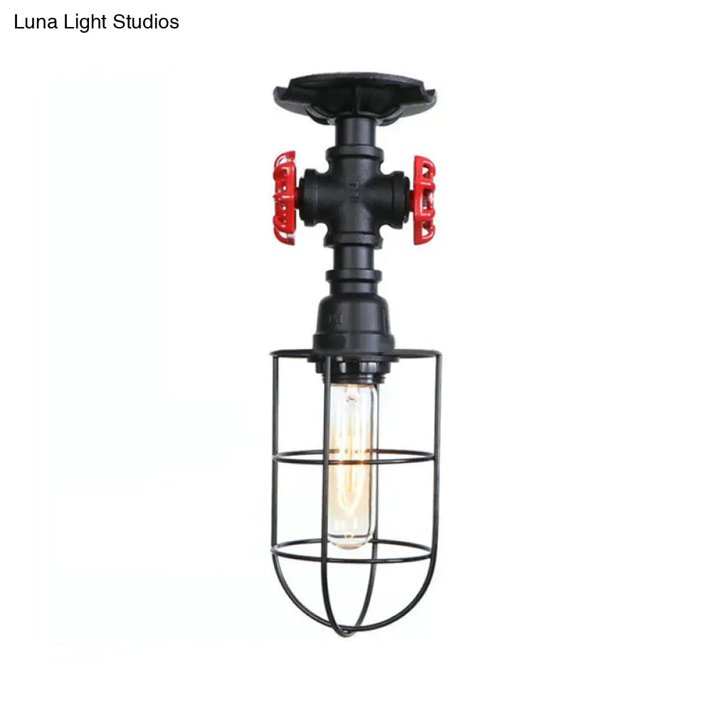 Valve Nautical Style Cage Metal Semi Flush Light - 1 Living Room Ceiling Fixture In Black/Bronze