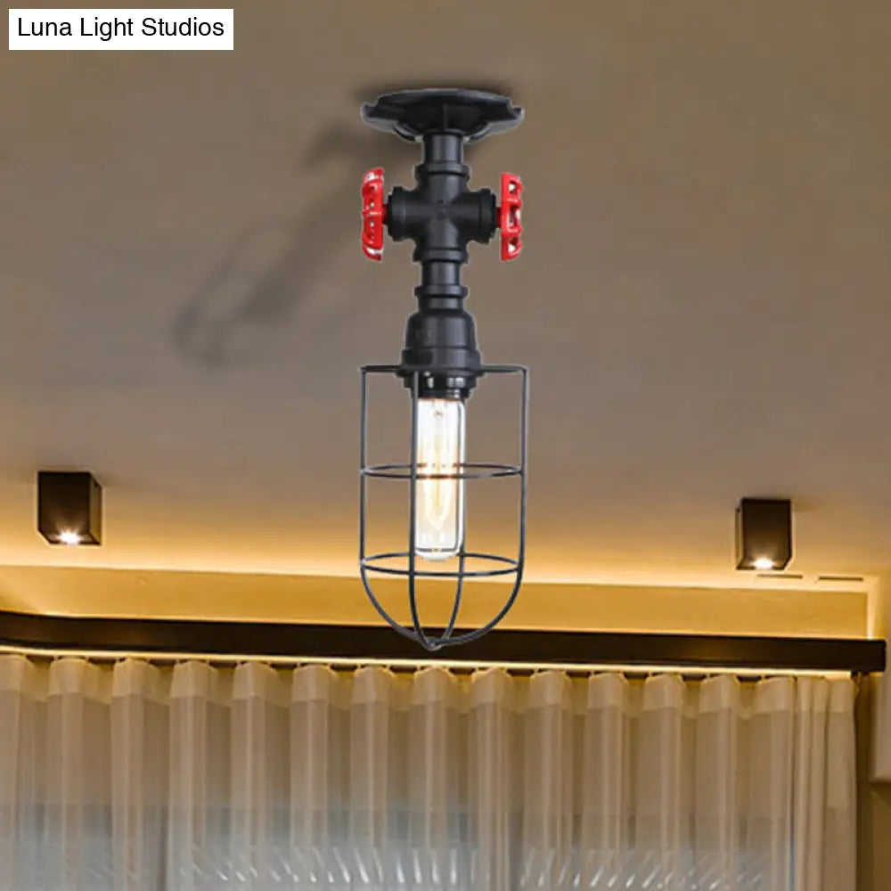 Valve Nautical Style Cage Metal Semi Flush Light - 1 Living Room Ceiling Fixture In Black/Bronze