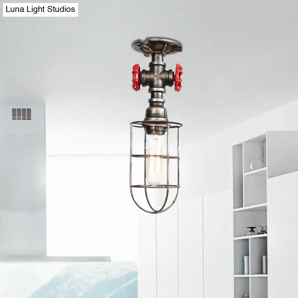 Valve Nautical Style Cage Metal Semi Flush Light - 1 Living Room Ceiling Fixture In Black/Bronze