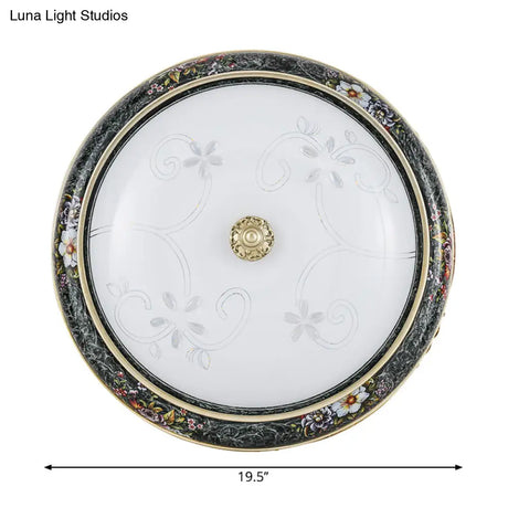 Veined Glass Led Flushmount With Bowl Shade In Black And Gold: Traditional Bedroom Lighting 3 Sizes