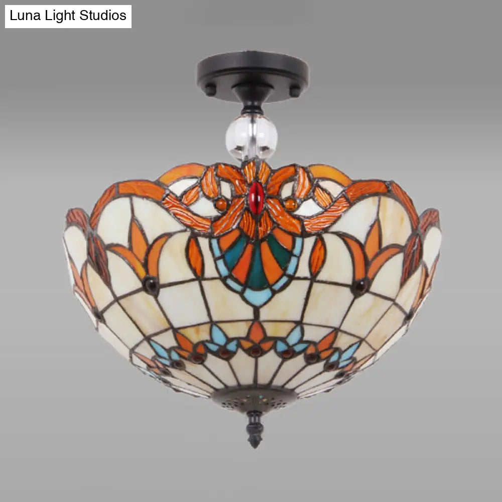 Victorian Bowl Stained Glass Semi Flush Mount Light In Beige - 12’/16’ Diameter
