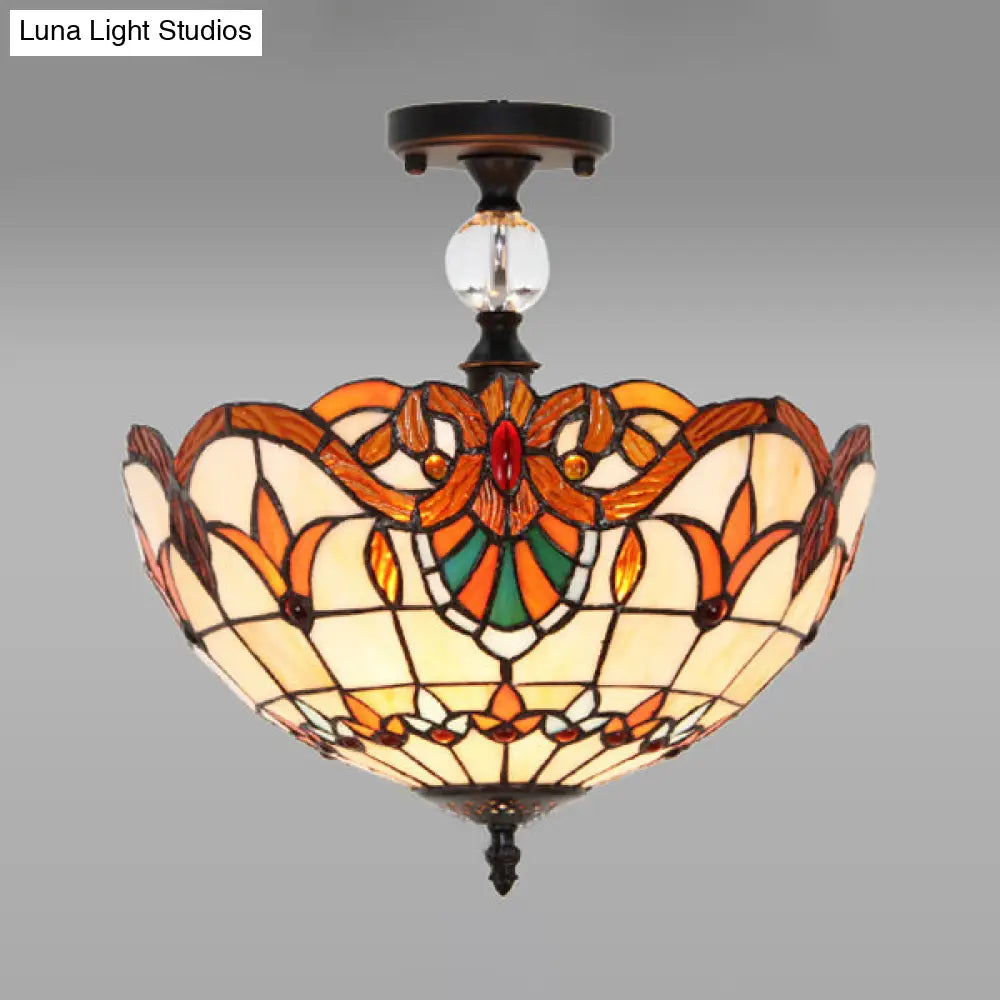 Victorian Bowl Stained Glass Semi Flush Mount Light In Beige - 12’/16’ Diameter
