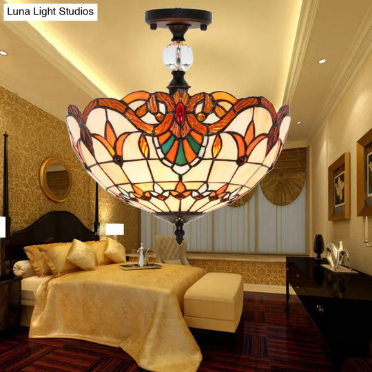 Victorian Bowl Stained Glass Semi Flush Mount Light In Beige - 12/16 Diameter / 12