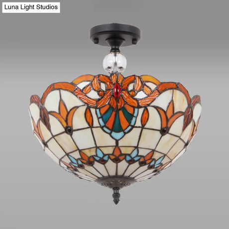 Victorian Bowl Stained Glass Semi Flush Mount Light In Beige - 12’/16’ Diameter