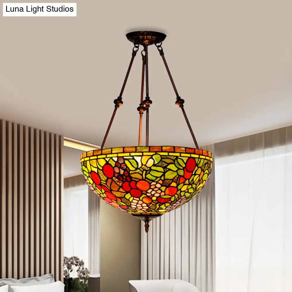 Victorian Bronze Ceiling Light Fixture With Stained Glass Dome Shade - 2-Light Semi Flush For