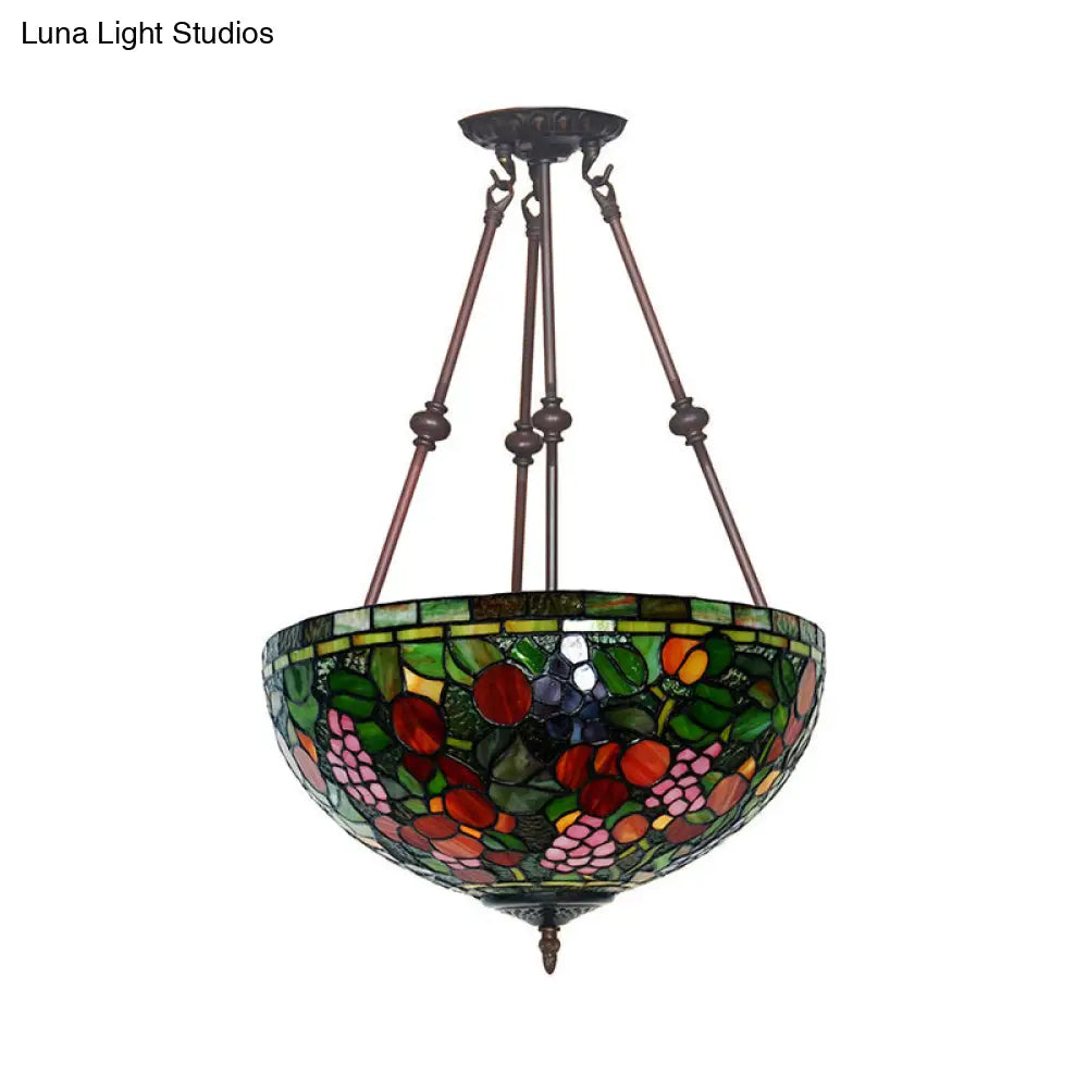 Victorian Bronze Ceiling Light Fixture With Stained Glass Dome Shade - 2-Light Semi Flush For Living