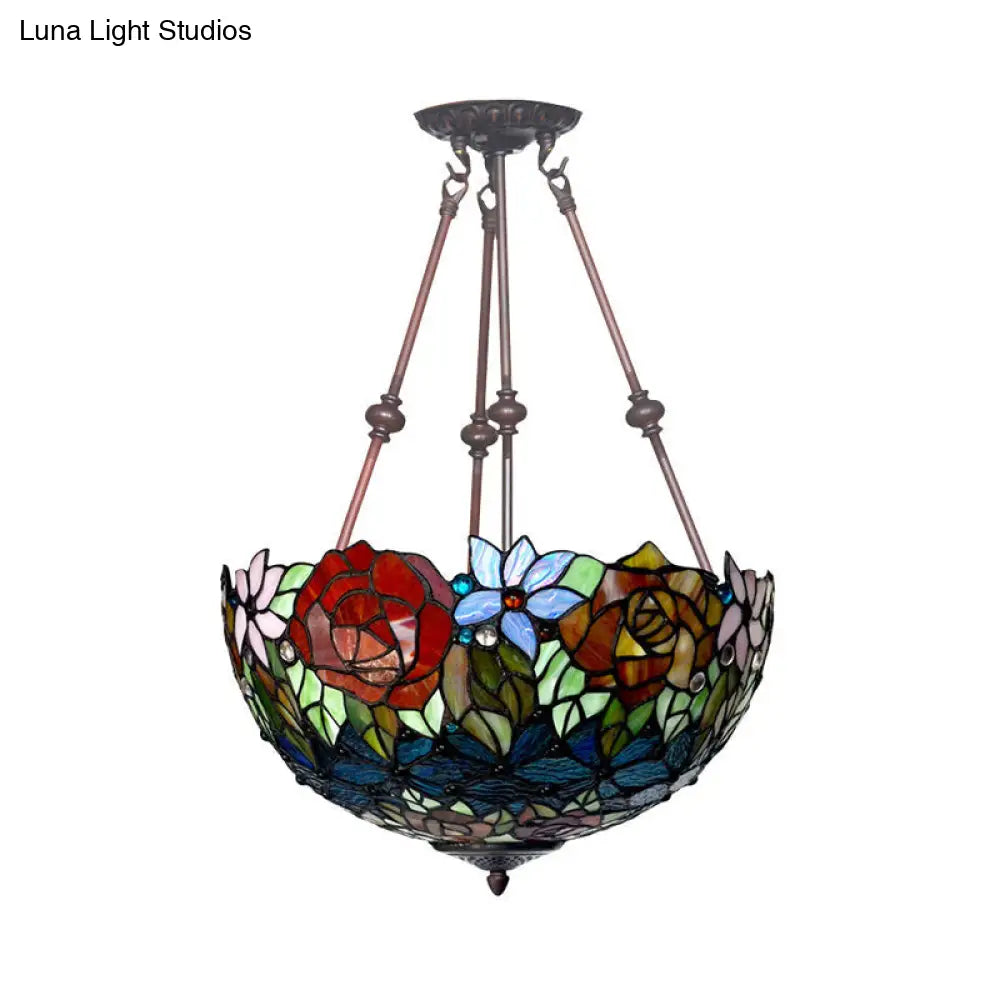 Victorian Bronze Ceiling Light Fixture With Stained Glass Dome Shade - 2-Light Semi Flush For Living