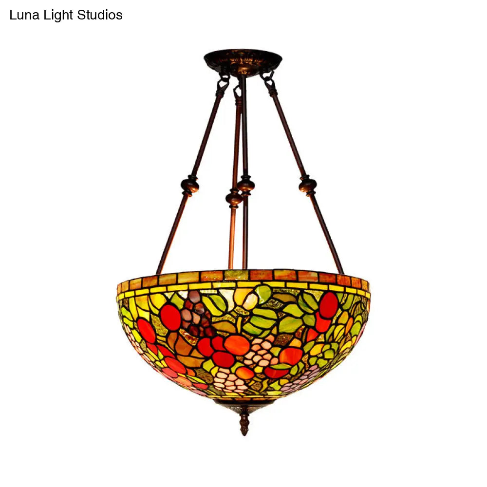 Victorian Bronze Ceiling Light Fixture With Stained Glass Dome Shade - 2-Light Semi Flush For