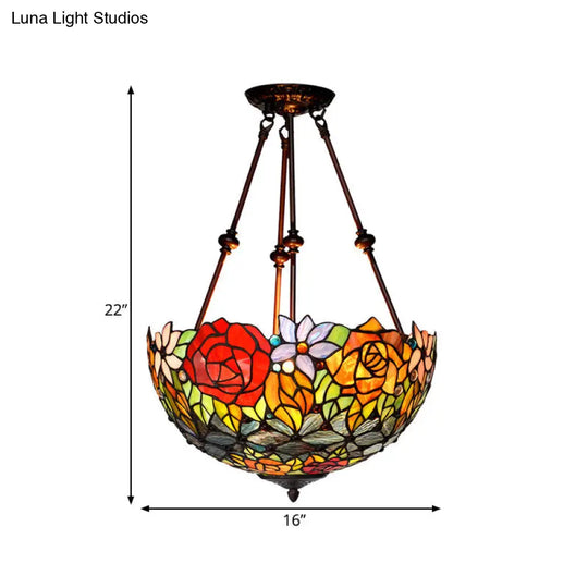 Victorian Bronze Ceiling Light Fixture With Stained Glass Dome Shade - 2-Light Semi Flush For Living
