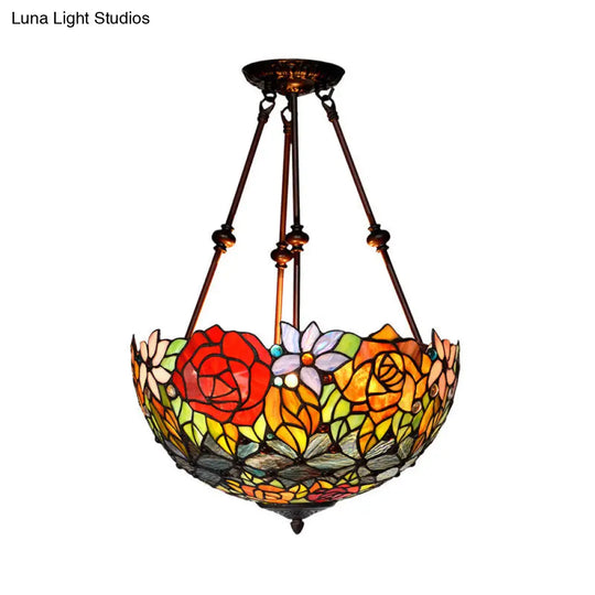 Victorian Bronze Ceiling Light Fixture With Stained Glass Dome Shade - 2-Light Semi Flush For Living