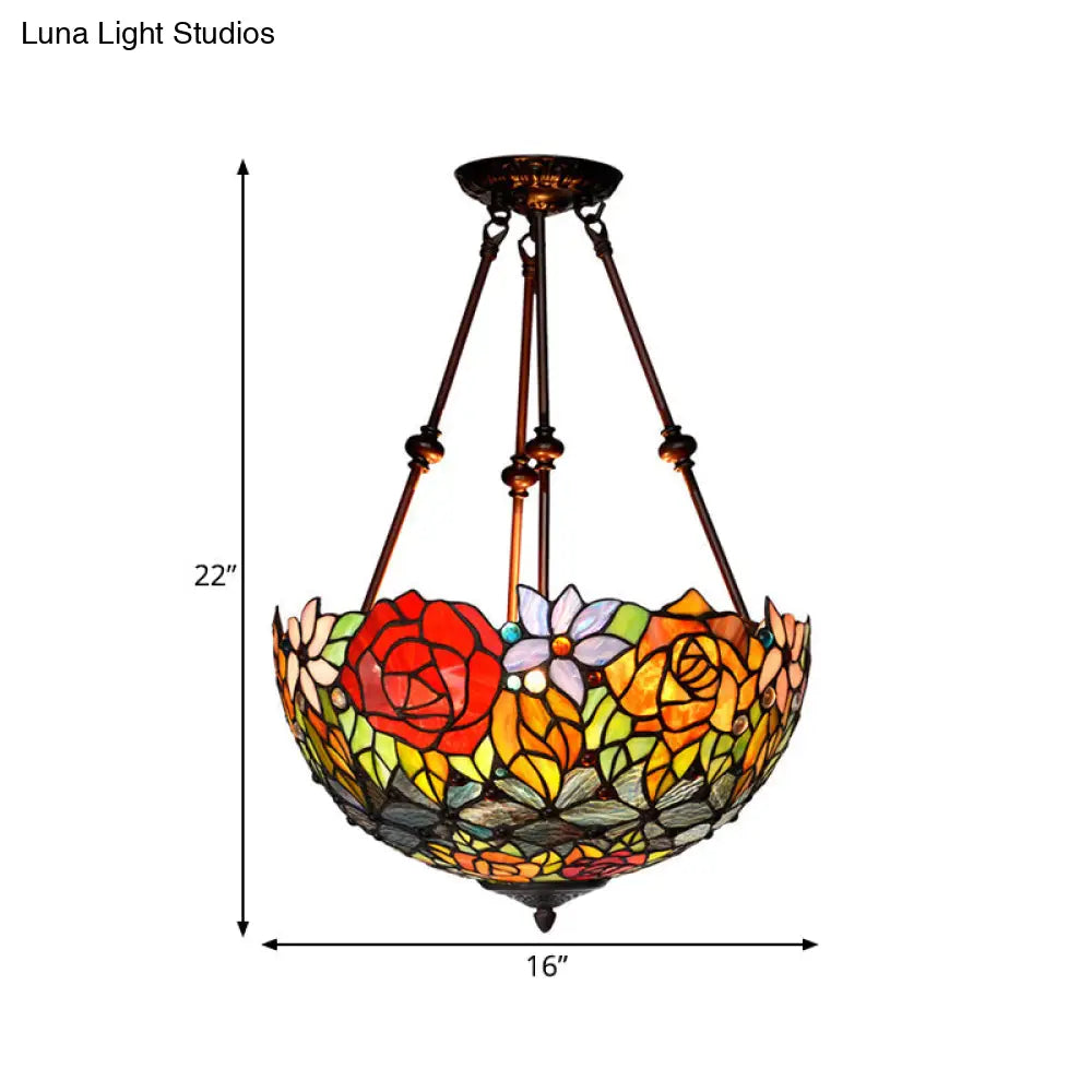 Victorian Bronze Ceiling Light Fixture With Stained Glass Dome Shade - 2-Light Semi Flush For