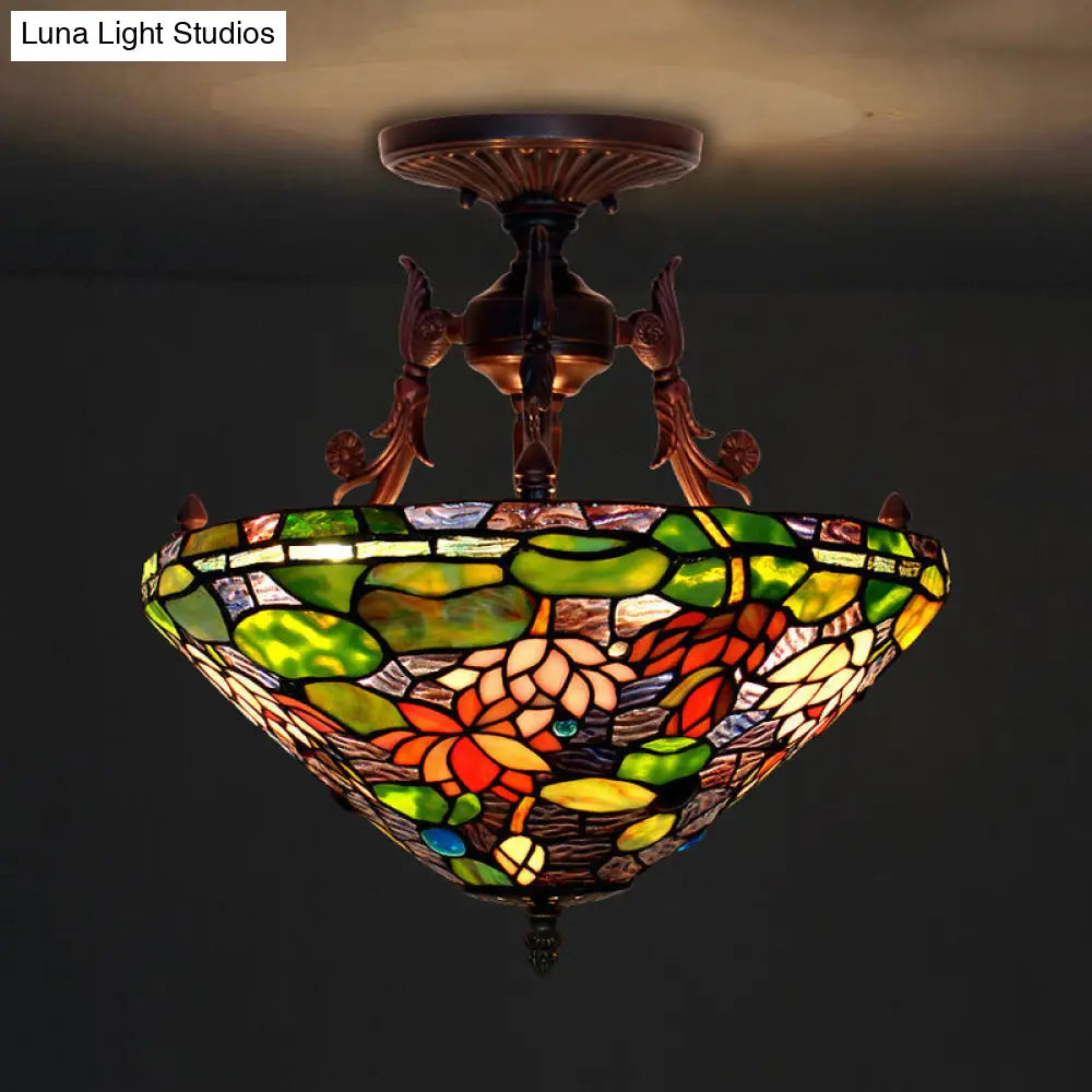 Victorian Bronze Semi Flush Light With Dome/Cone Red/Green Cut Glass Shade For Living Room Green