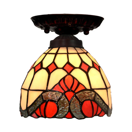 Victorian Ceiling-Mounted Stained Glass Light With Domed Design - 1 Flushmount Red/Pink/Orange