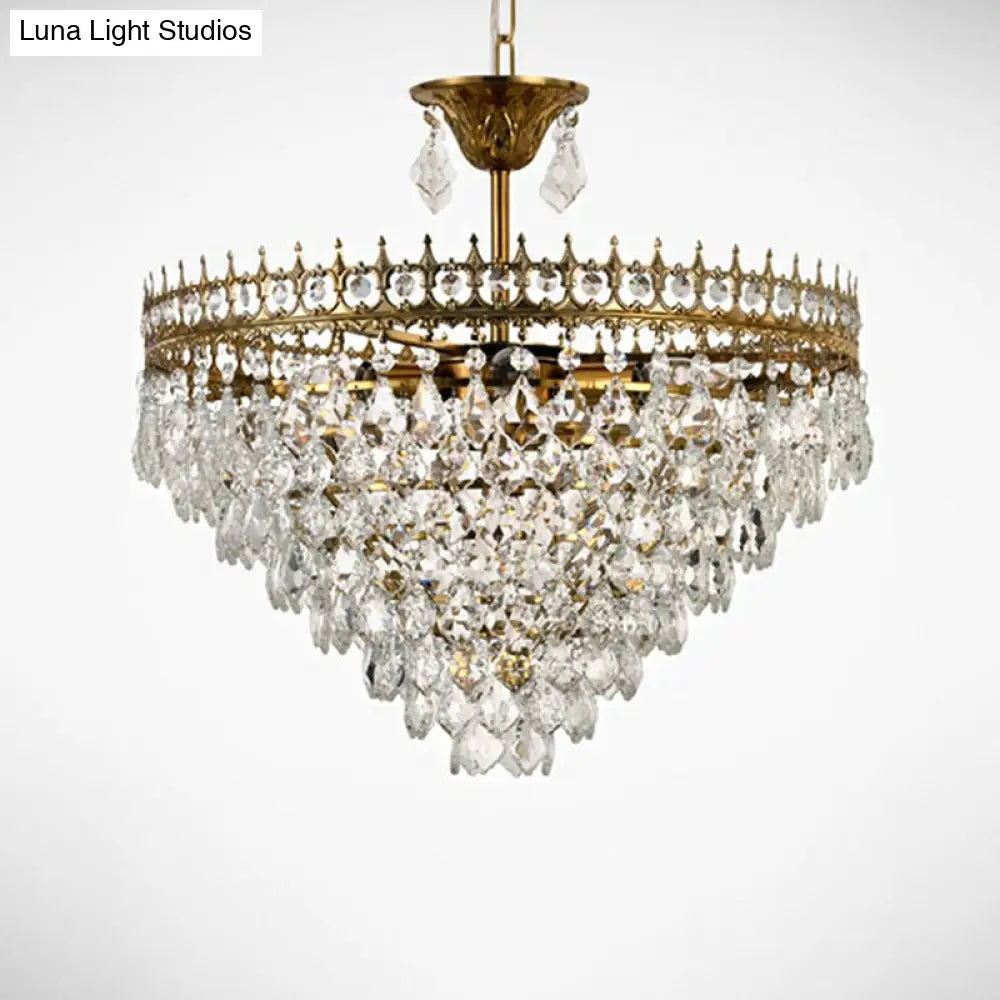 Victorian Clear Teardrop Crystal Chandelier For Living Room - Crown Shaped Hanging Lamp