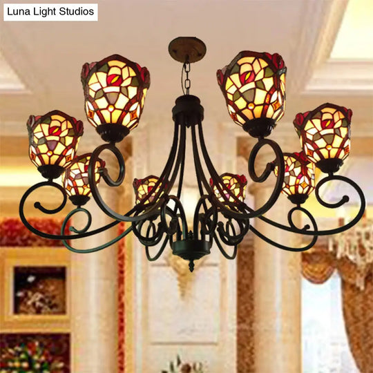 Victorian Cut Glass Arched Chandelier - 8-Light Red/Yellow/Dark Red Pendant Lamp For Living Room