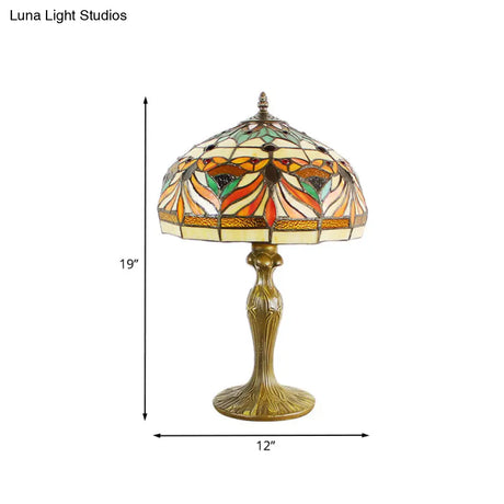 Victorian Cut Glass Nightstand Lamp With Fish Pattern - Bronze Dome Shade 1-Bulb Night Table Light
