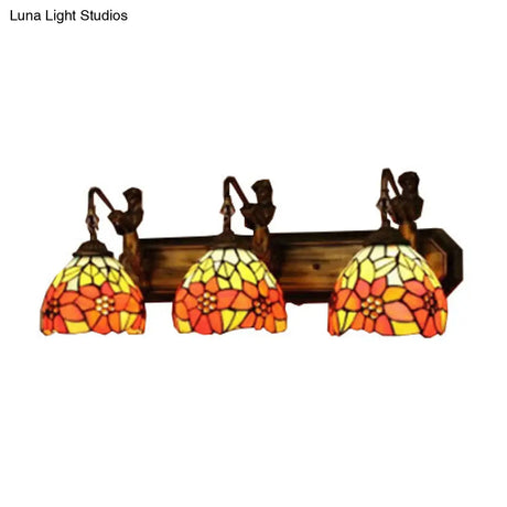 Victorian Dome Orange Glass Sconce Light Fixture - Antique Brass Wall Mounted With Flower Pattern