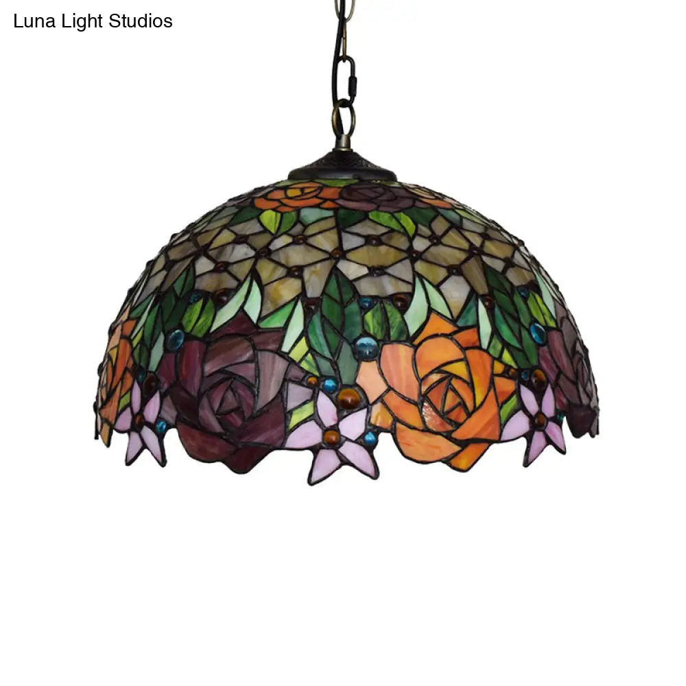 Victorian Dome Pendant Light - 12’/16’ Wide 1 Bulb Black Stained Glass Fixture