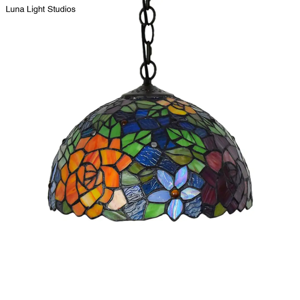 Victorian Dome Pendant Light - 12’/16’ Wide 1 Bulb Black Stained Glass Fixture