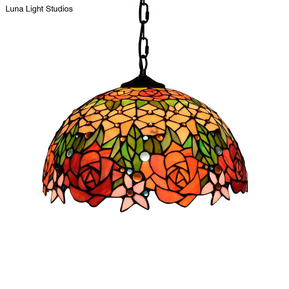 Victorian Stained Glass Dome Pendant Light Fixture - 1 Bulb Black 12/16 Width