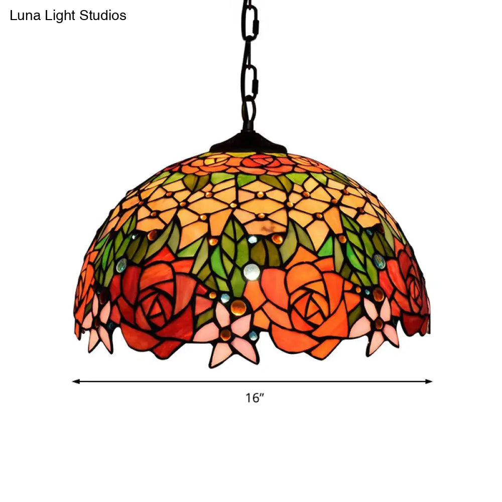Victorian Dome Pendant Light - 12’/16’ Wide 1 Bulb Black Stained Glass Fixture