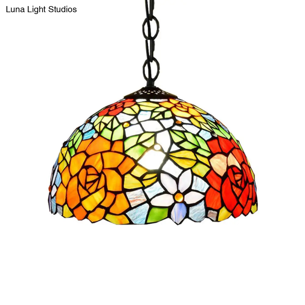 Victorian Dome Pendant Light - 12’/16’ Wide 1 Bulb Black Stained Glass Fixture