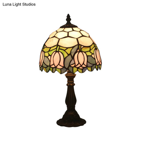 Victorian Dome Shade Night Lamp With Stained Art Glass Rose Pattern - 1-Light Desk Lighting For