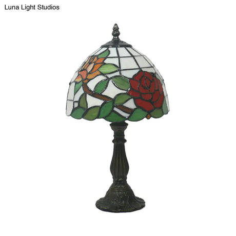Victorian Dome Shade Night Lamp With Stained Art Glass Rose Pattern - 1-Light Desk Lighting For