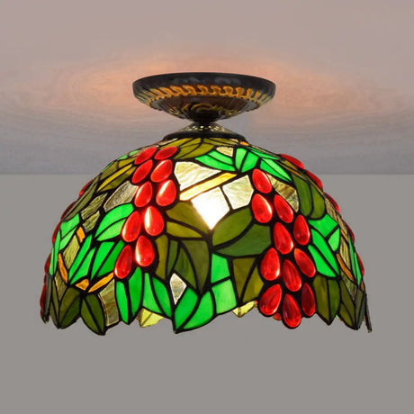 Victorian Domed Flush Ceiling Light - Brass With Grape Pattern 12’/16.5’ Width Stained Glass 1