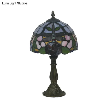 Victorian Dragonfly And Floral Patterned Table Lamp - Stained Glass Red/Orange Dome Shade With