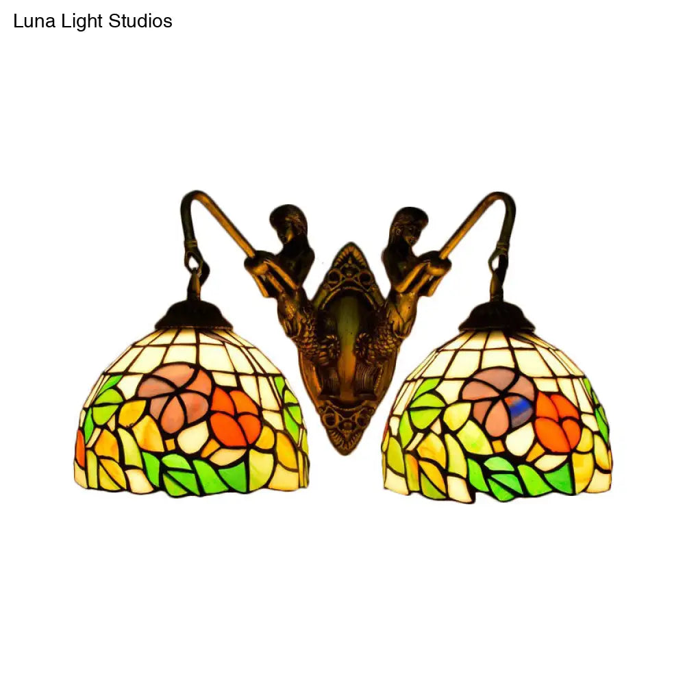 Victorian Glass Wall Mount Sconce Light - 2-Headed Bowl Design Red/Green Ideal For Living Room