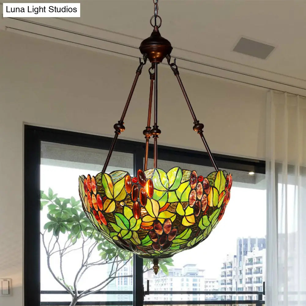 Victorian Green Ceiling Pendant Chandelier With Stained Glass Shade - 2/3 Lights