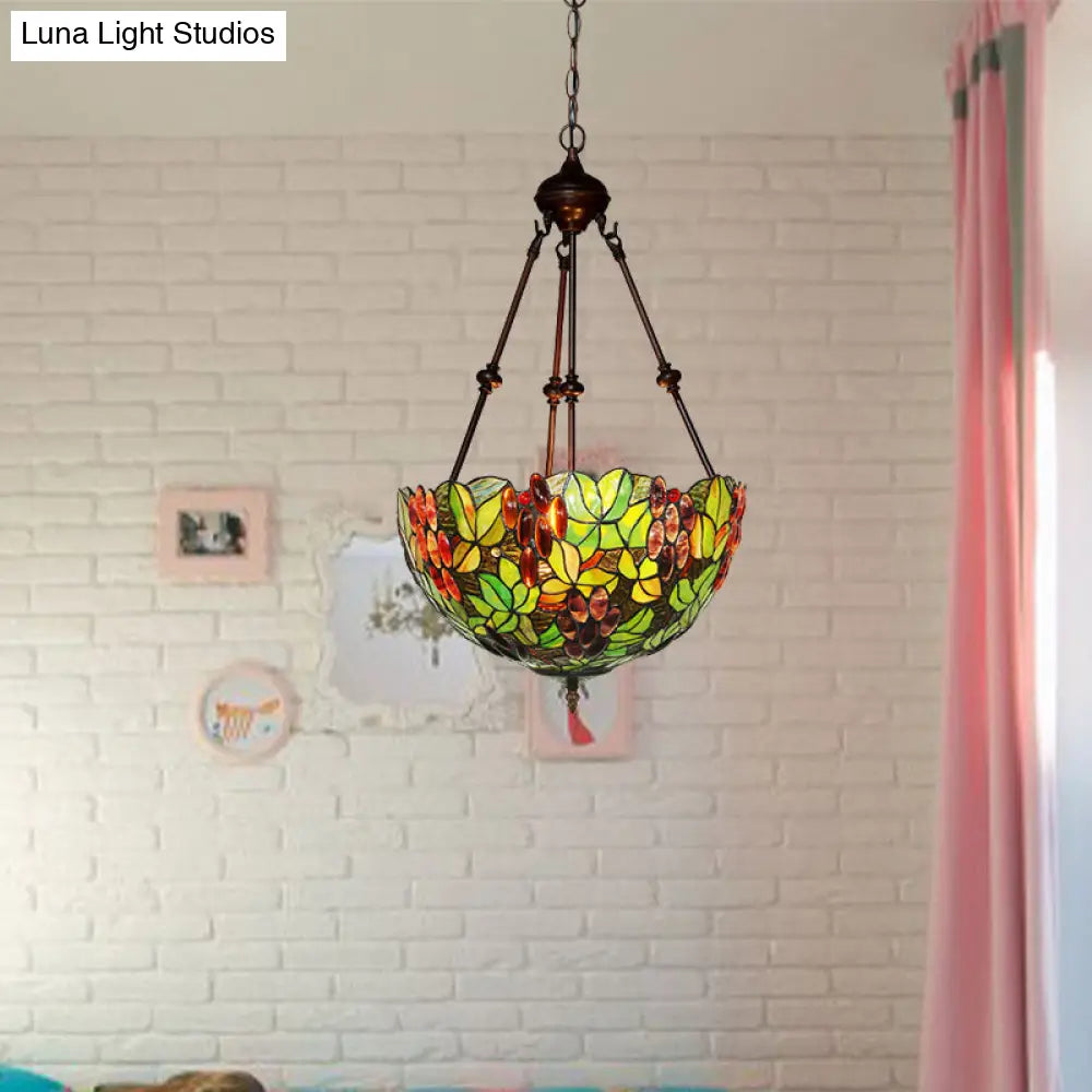 Victorian Green Ceiling Pendant Chandelier With Stained Glass Shade - 2/3 Lights
