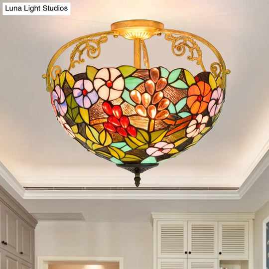 Victorian Green Floral Ceiling Light With Cut Glass - 3 Semi Mount Lights For Bedroom