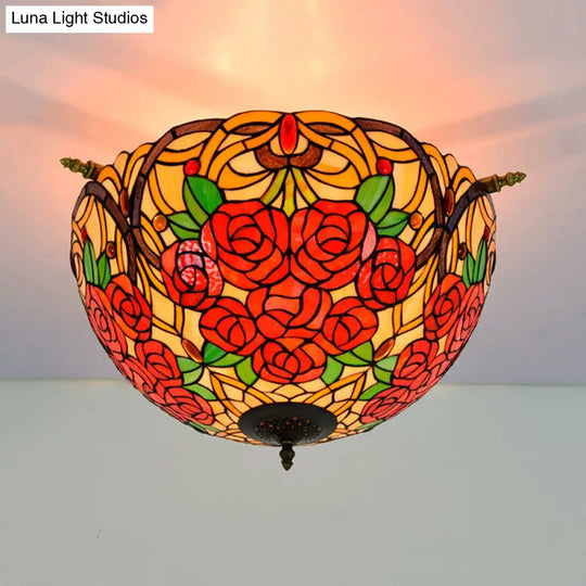 Victorian Hand Rolled Art Glass Rose Semi Flush Mount Ceiling Light With Brass Finish - 5 Bulbs
