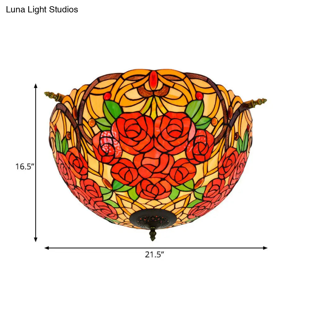 Victorian Hand Rolled Art Glass Rose Semi Flush Mount Ceiling Light With Brass Finish - 5 Bulbs