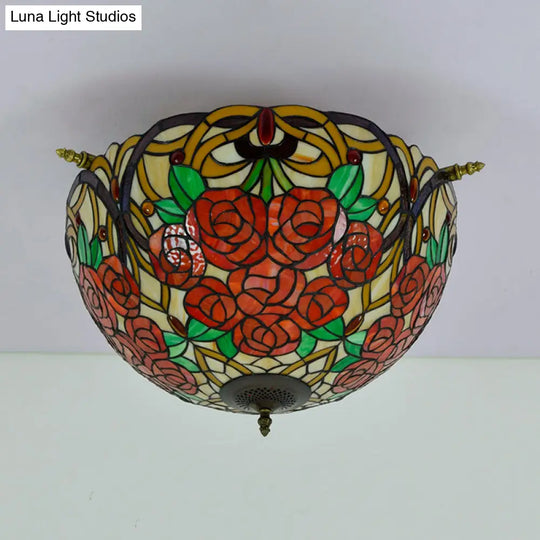 Victorian Hand Rolled Art Glass Rose Semi Flush Mount Ceiling Light With Brass Finish - 5 Bulbs