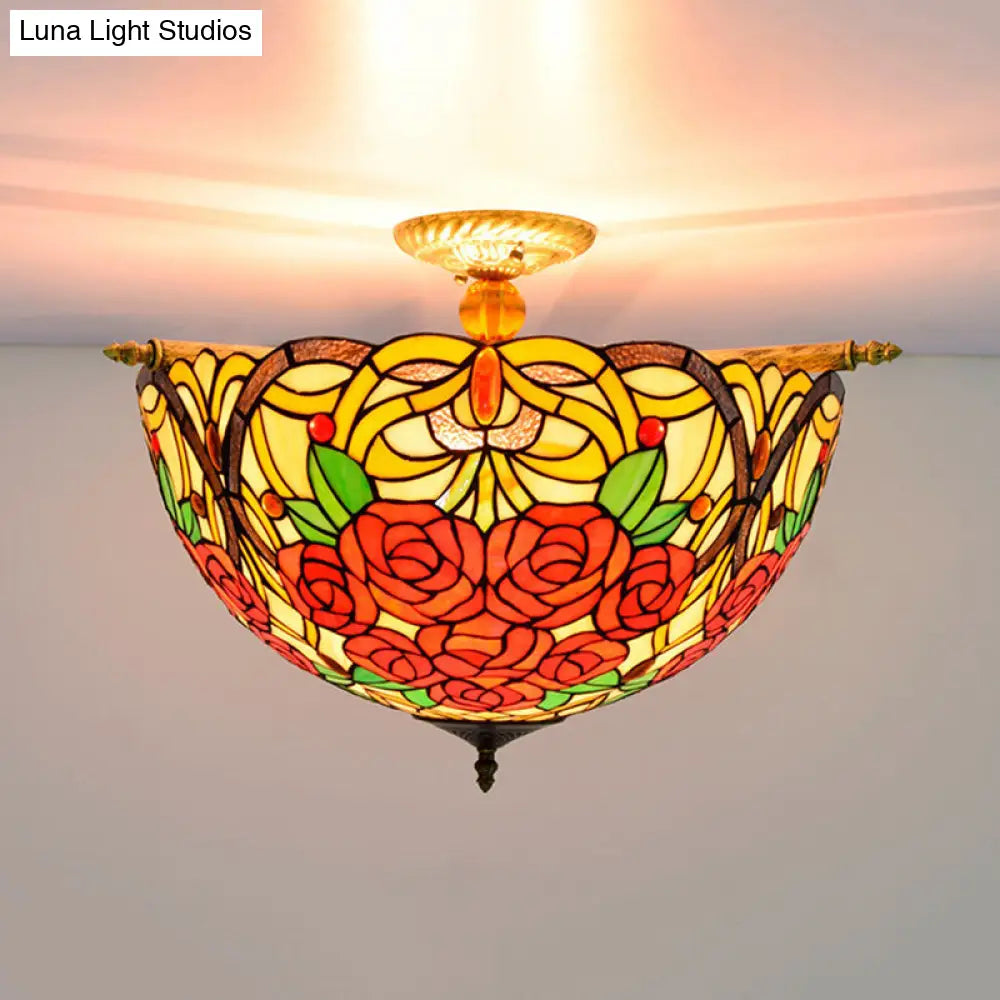 Victorian Hand Rolled Art Glass Rose Semi Flush Mount Ceiling Light With Brass Finish - 5 Bulbs