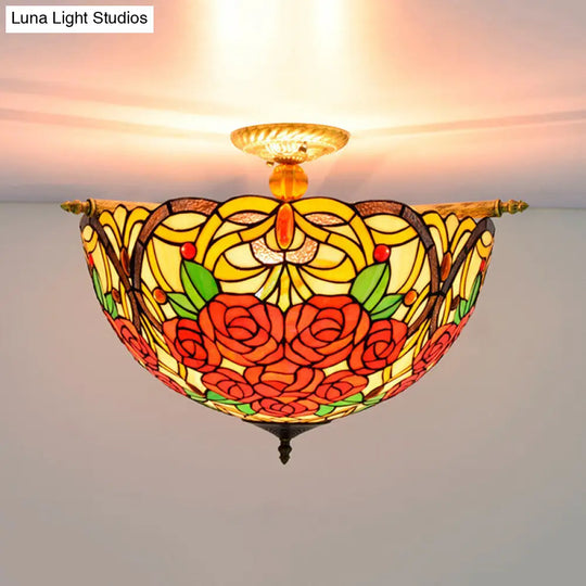 Victorian Hand Rolled Art Glass Rose Semi Flush Mount Ceiling Light With Brass Finish - 5 Bulbs